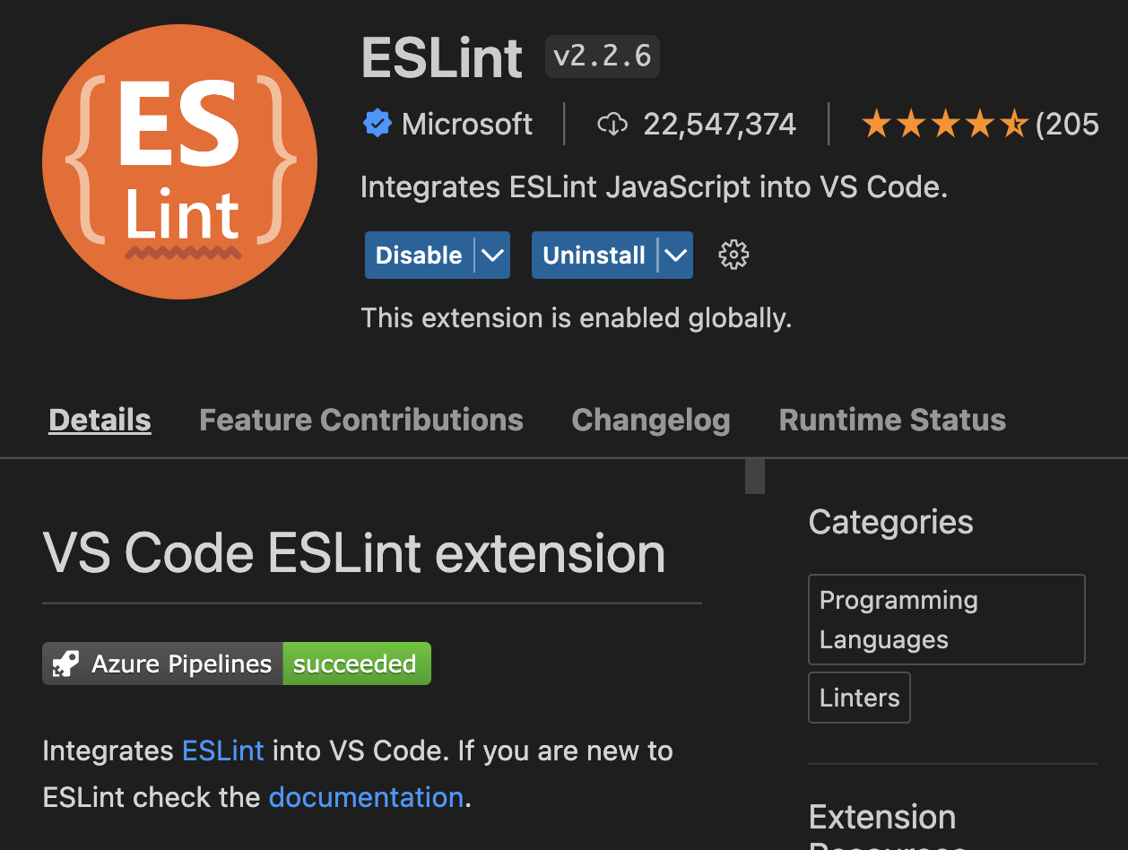 ESLint extension for Visual Studio Code.